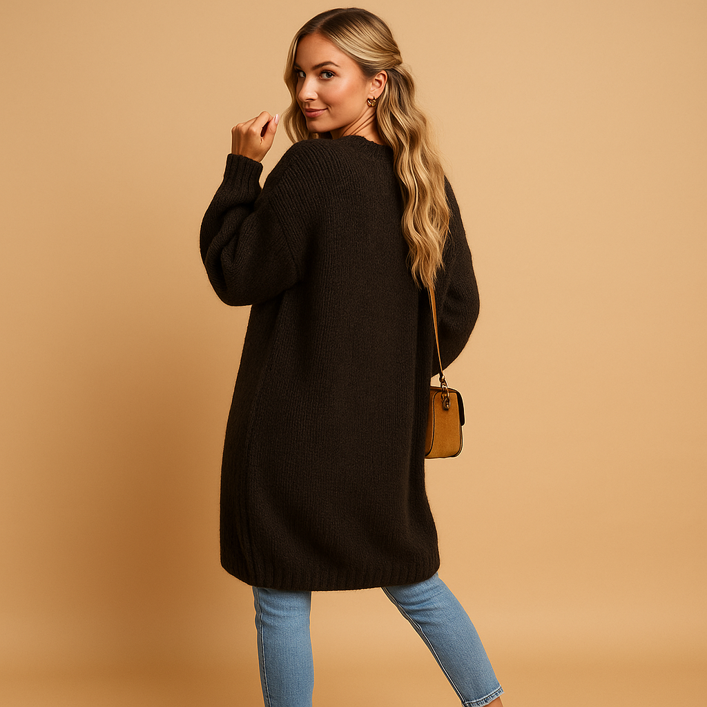 Women’s knitted cardigan with relaxed fit, open front, and breathable fabric, perfect for layering in winter and transitional seasons.