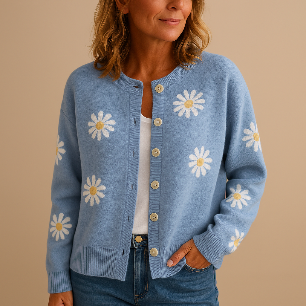 Women’s knitted cardigan with floral pattern, button closure, and soft breathable knit. Ideal for autumn, winter, and timeless everyday outfits.