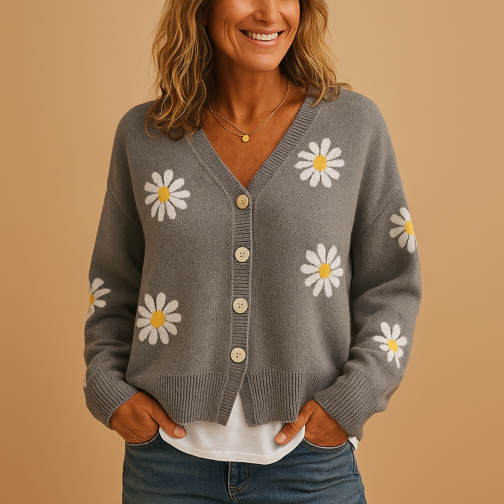 Women’s knitted cardigan with floral pattern, button closure, and soft breathable knit. Ideal for autumn, winter, and timeless everyday outfits.