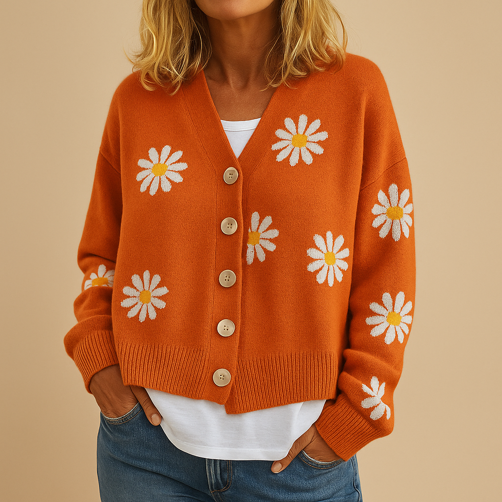 Women’s knitted cardigan with floral pattern, button closure, and soft breathable knit. Ideal for autumn, winter, and timeless everyday outfits.