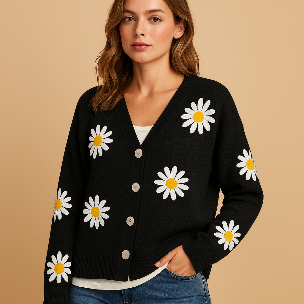 Women’s knitted cardigan with floral pattern, button closure, and soft breathable knit. Ideal for autumn, winter, and timeless everyday outfits.