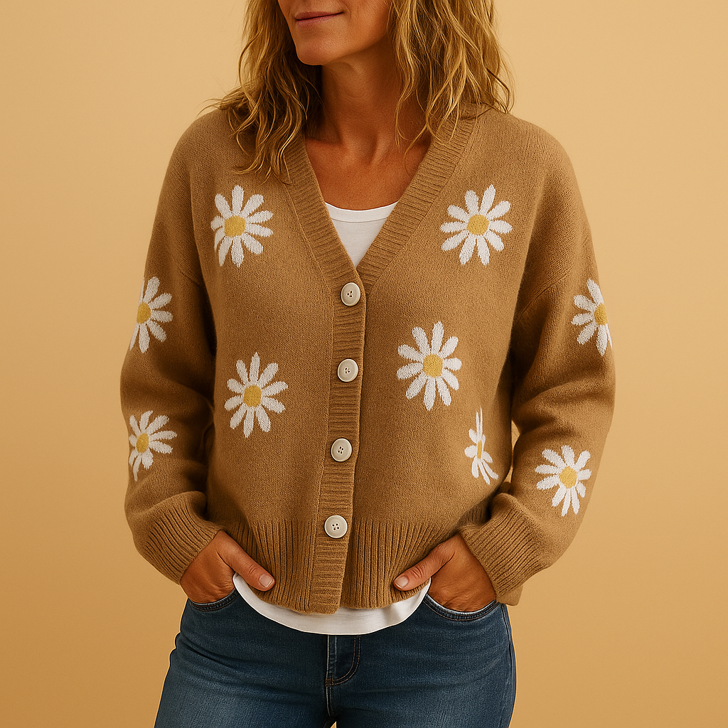 Women’s knitted cardigan with floral pattern, button closure, and soft breathable knit. Ideal for autumn, winter, and timeless everyday outfits.