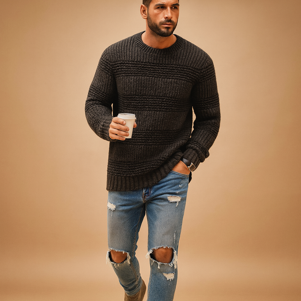 Men’s knitted Nordic sweater with chunky knit and classic patterns, perfect for autumn and winter casual or formal outfits.