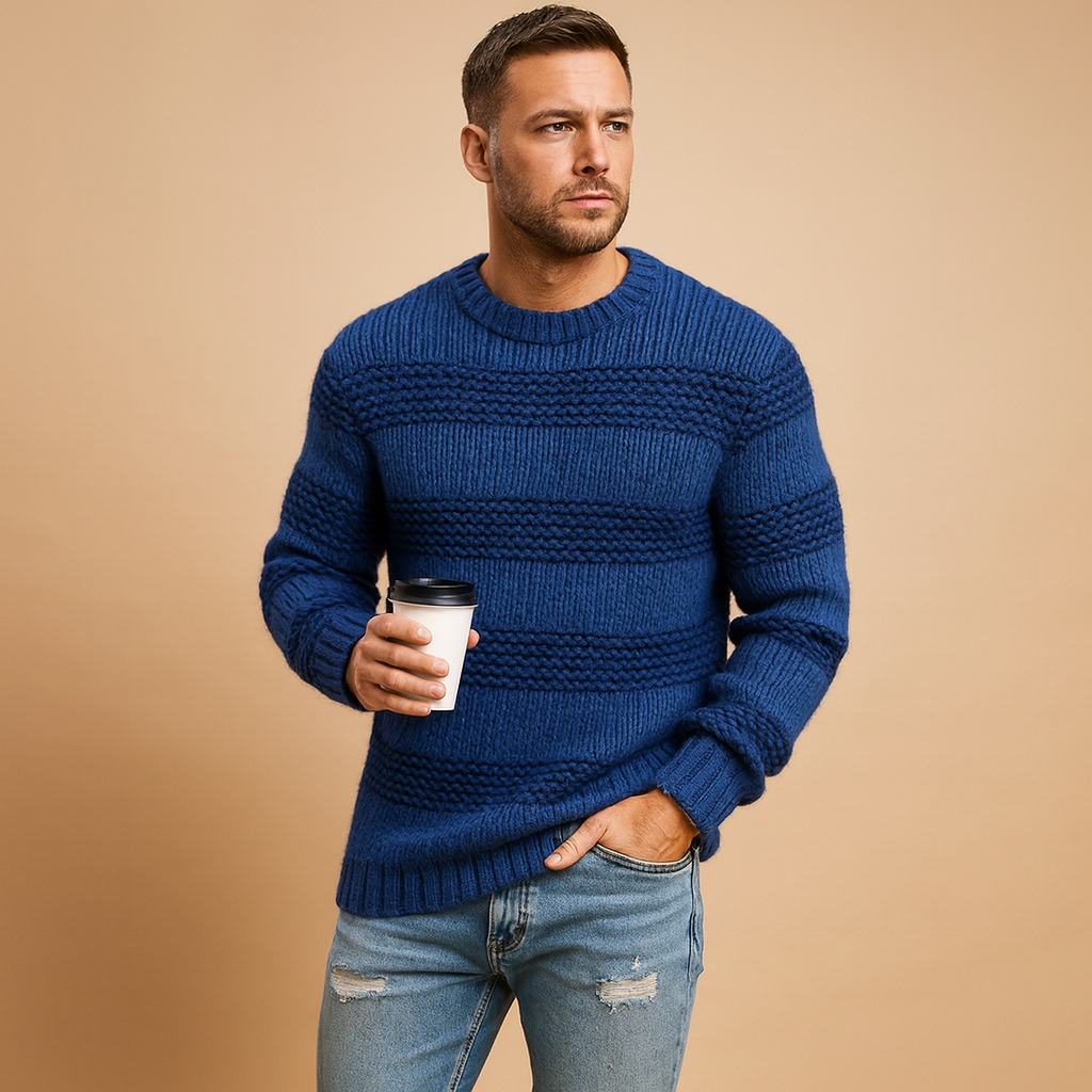 Men’s knitted Nordic sweater with chunky knit and classic patterns, perfect for autumn and winter casual or formal outfits.