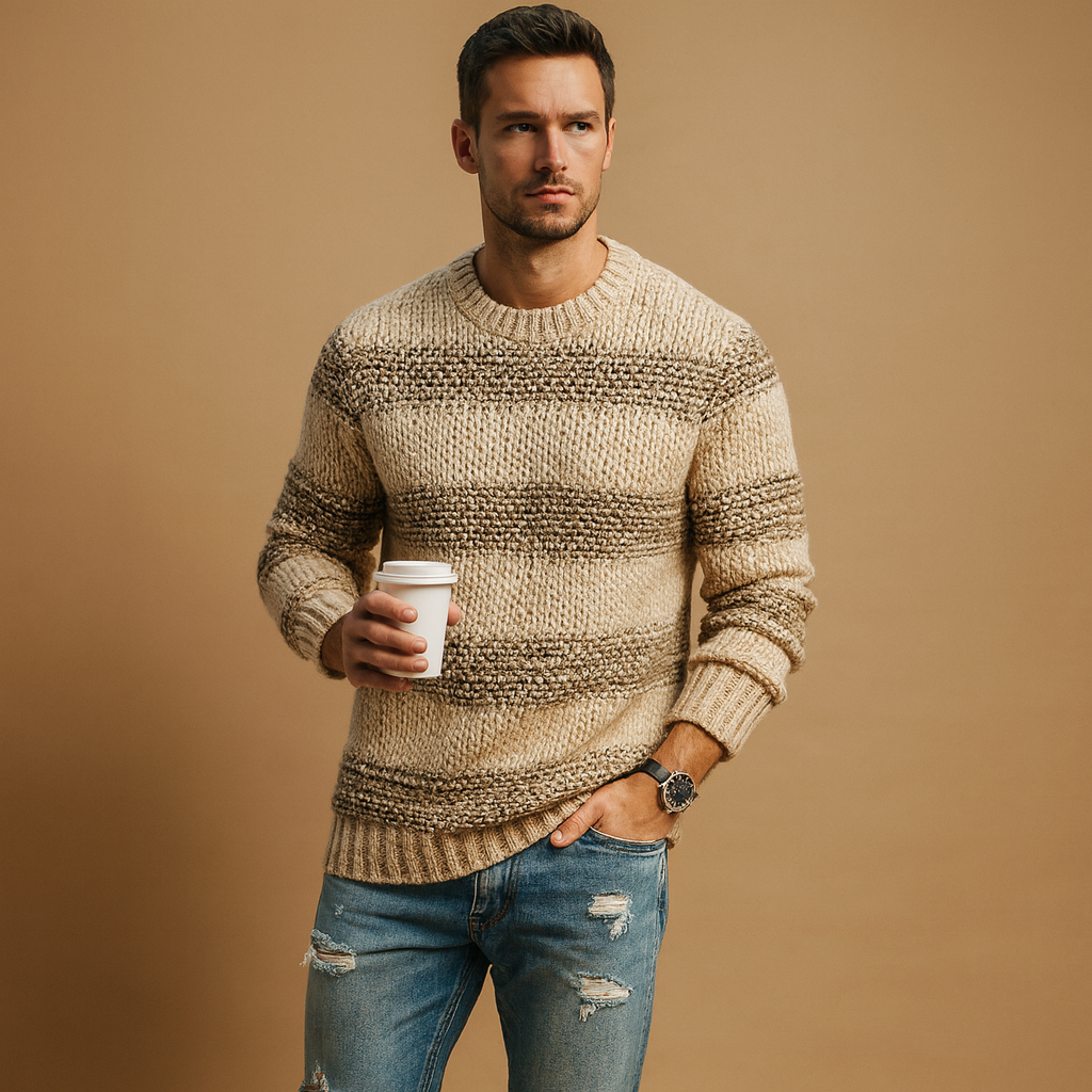 Men’s knitted Nordic sweater with chunky knit and classic patterns, perfect for autumn and winter casual or formal outfits.