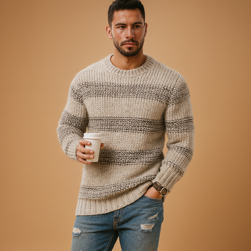 Men’s knitted Nordic sweater with chunky knit and classic patterns, perfect for autumn and winter casual or formal outfits.