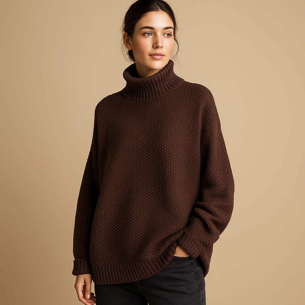 Women’s knitted turtleneck sweater with classic fit and soft collar, perfect for casual wear or elegant formal outfits.