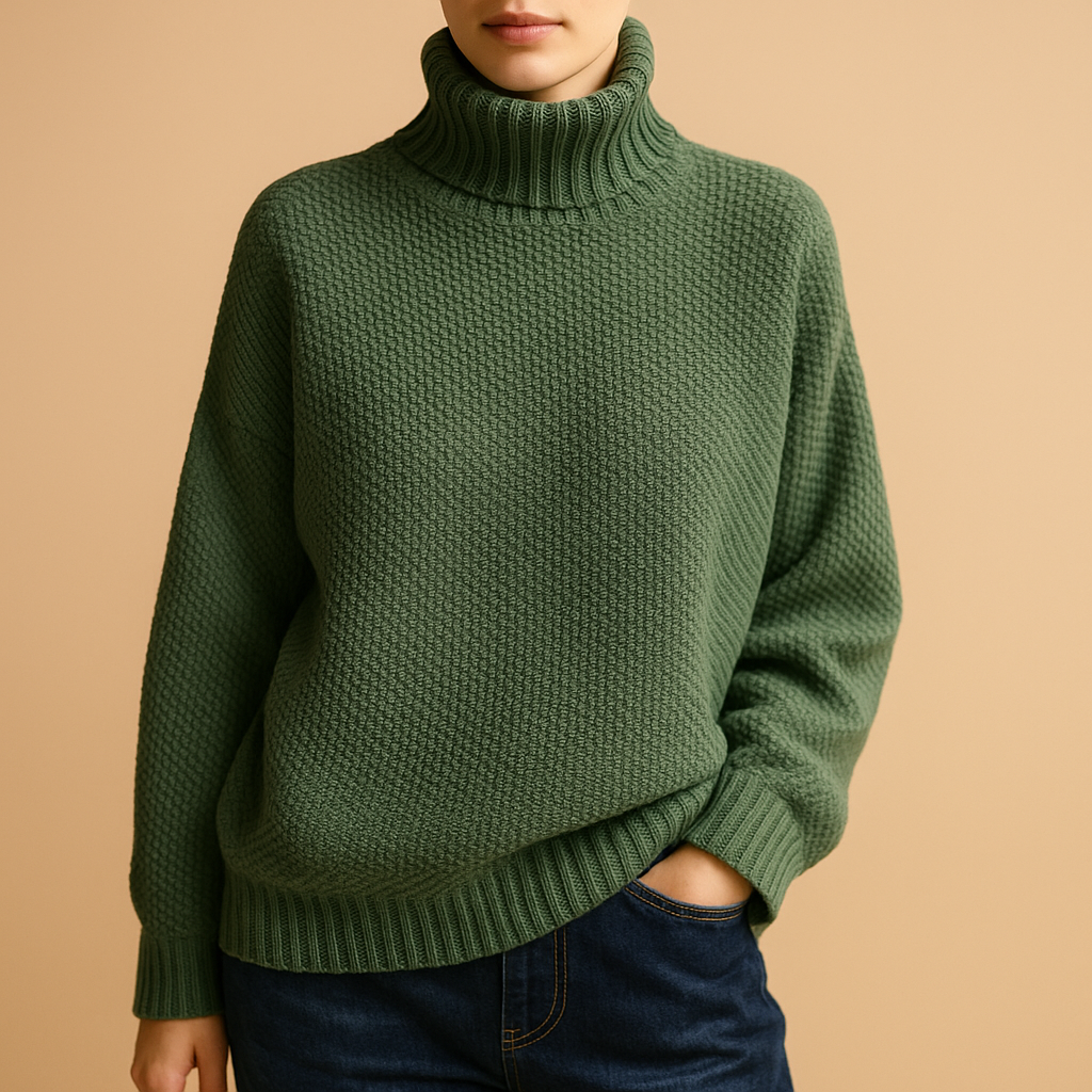 Women’s knitted turtleneck sweater with classic fit and soft collar, perfect for casual wear or elegant formal outfits.