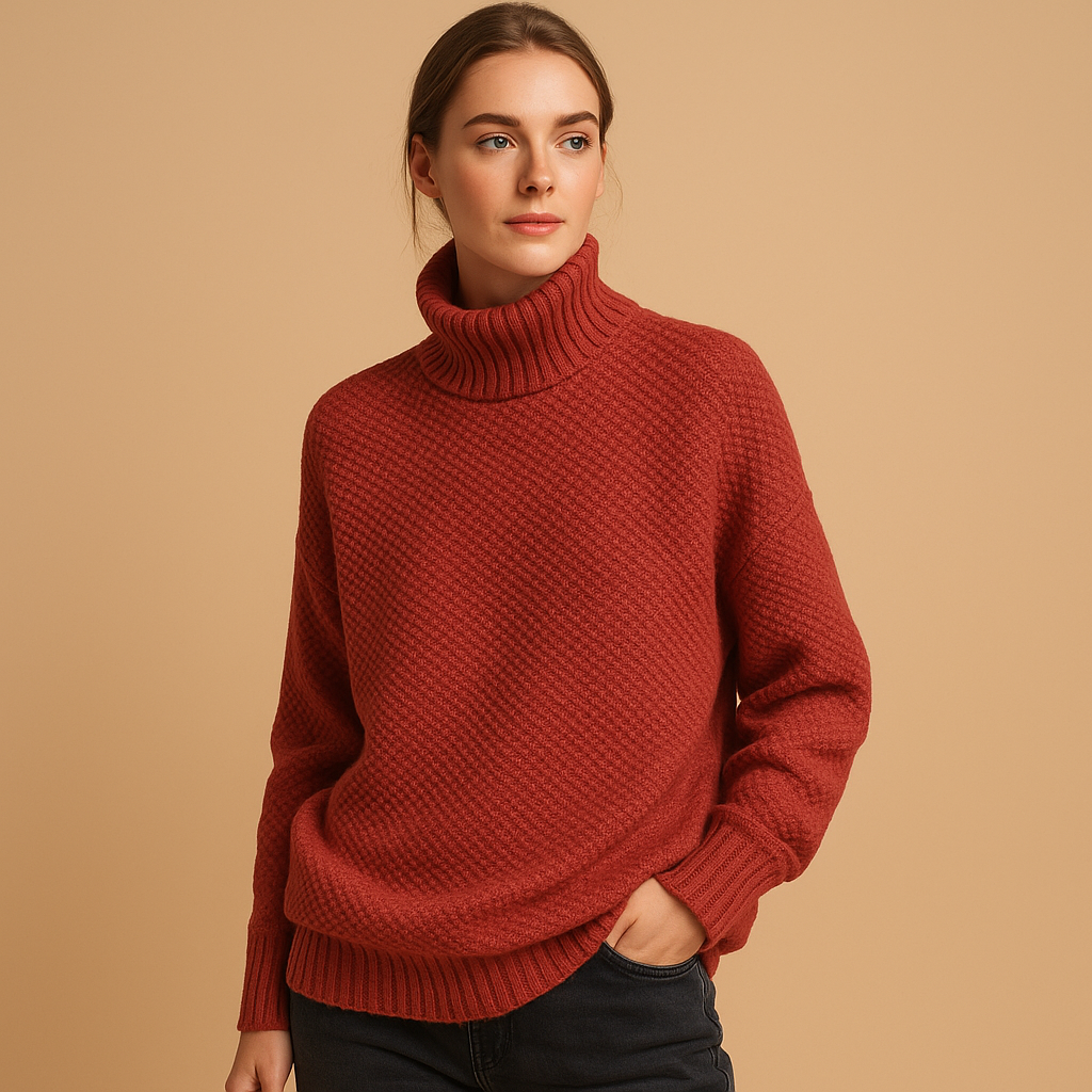 Women’s knitted turtleneck sweater with classic fit and soft collar, perfect for casual wear or elegant formal outfits.