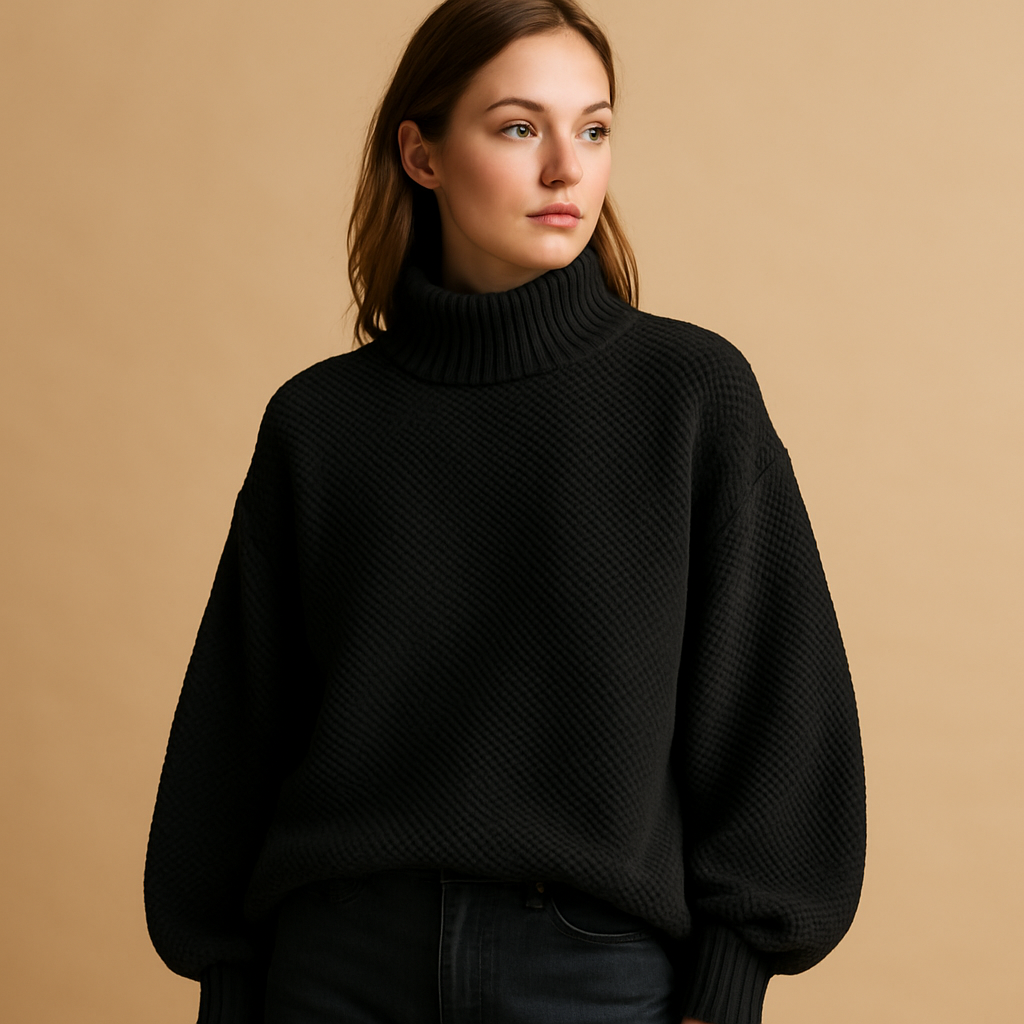 Women’s knitted turtleneck sweater with classic fit and soft collar, perfect for casual wear or elegant formal outfits.
