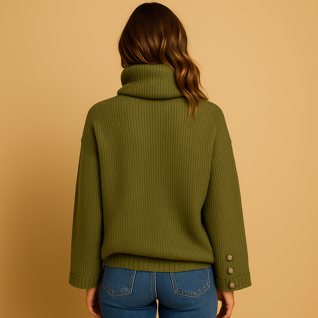 Women’s knitted turtleneck sweater with relaxed fit and decorative button detail, perfect for cozy evenings, layering, or everyday wear.