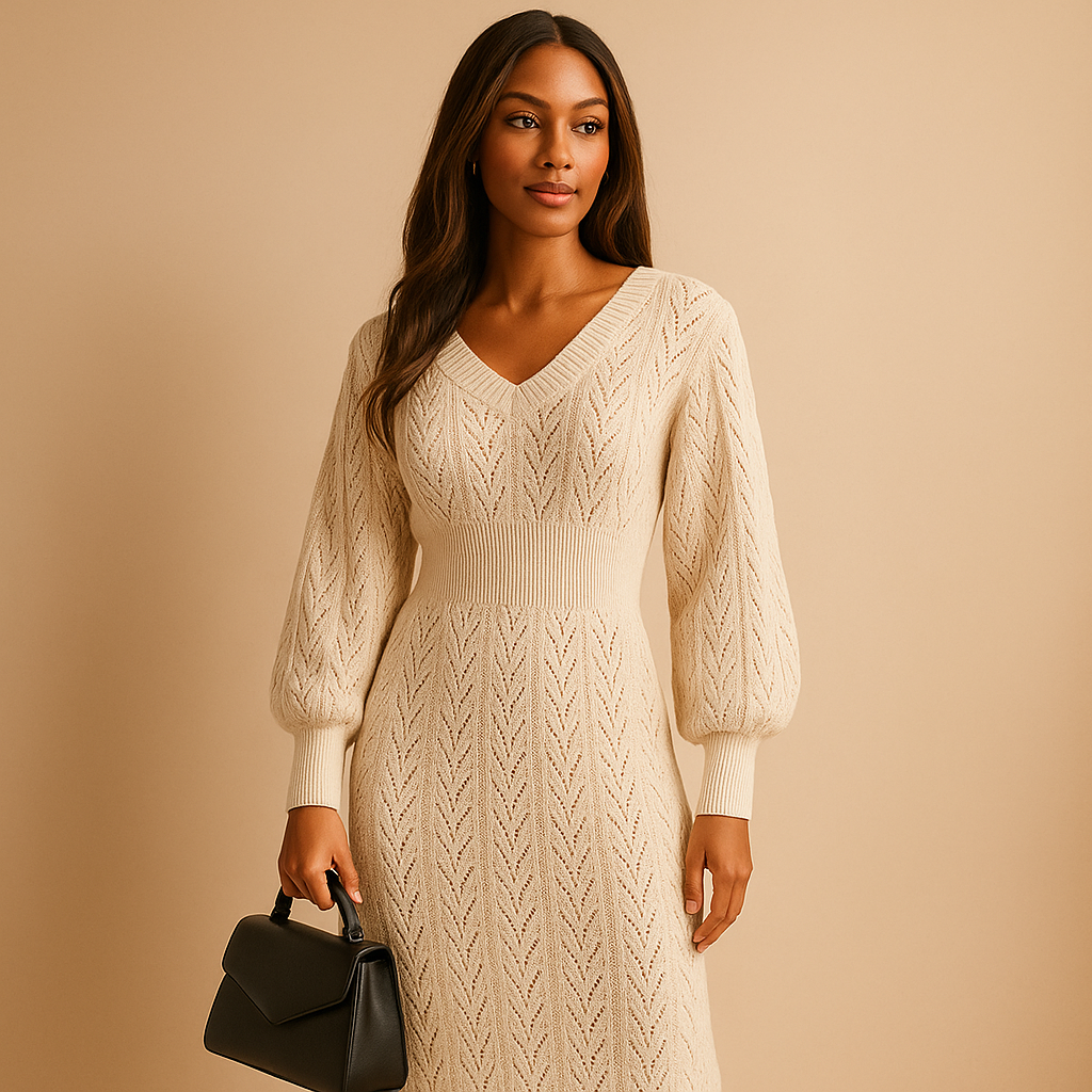 Knitted V-neck dress for women named Hazel, made from soft breathable cotton with long sleeves, ideal for spring, summer, work, or casual outings.