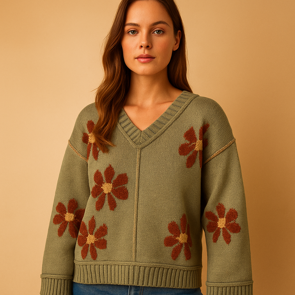 Knitted V-neck sweater for women with green floral patterns, relaxed silhouette, wide sleeves, and ribbed details, perfect for parties or casual winter wear.