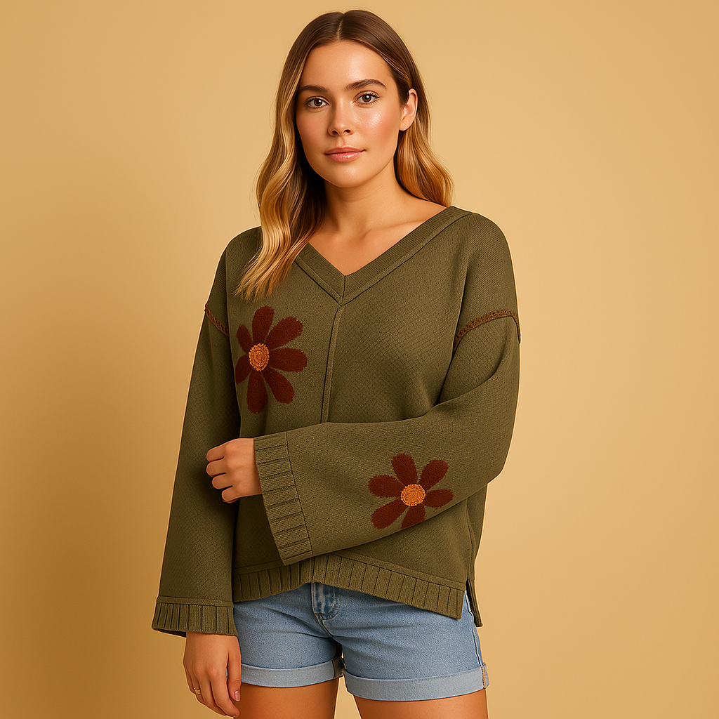 Knitted V-neck sweater for women with green floral patterns, relaxed silhouette, wide sleeves, and ribbed details, perfect for parties or casual winter wear.