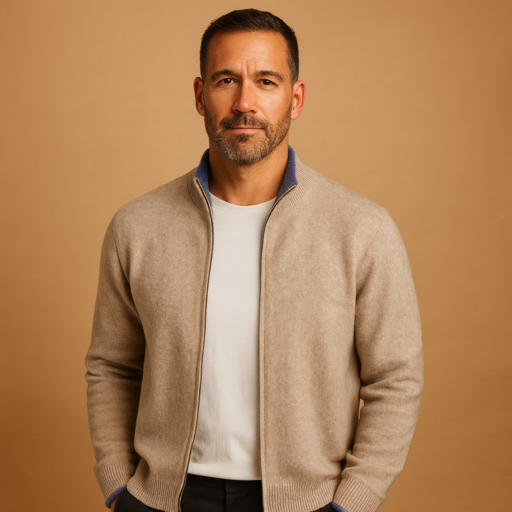 Men’s knitted zip cardigan with a classic collar, warm comfortable fit, and minimalist design for casual or business-casual outfits in autumn and winter.