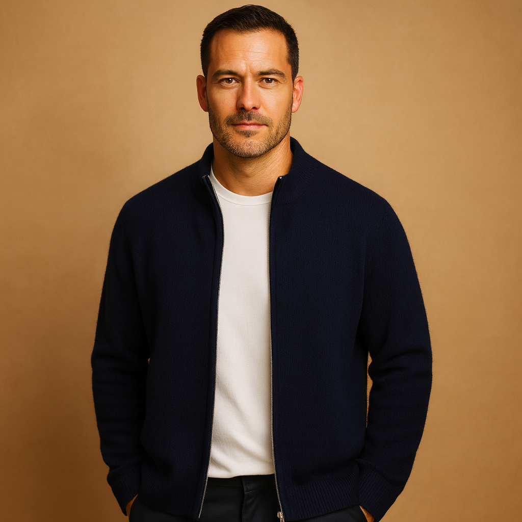 Men’s knitted zip cardigan with a classic collar, warm comfortable fit, and minimalist design for casual or business-casual outfits in autumn and winter.