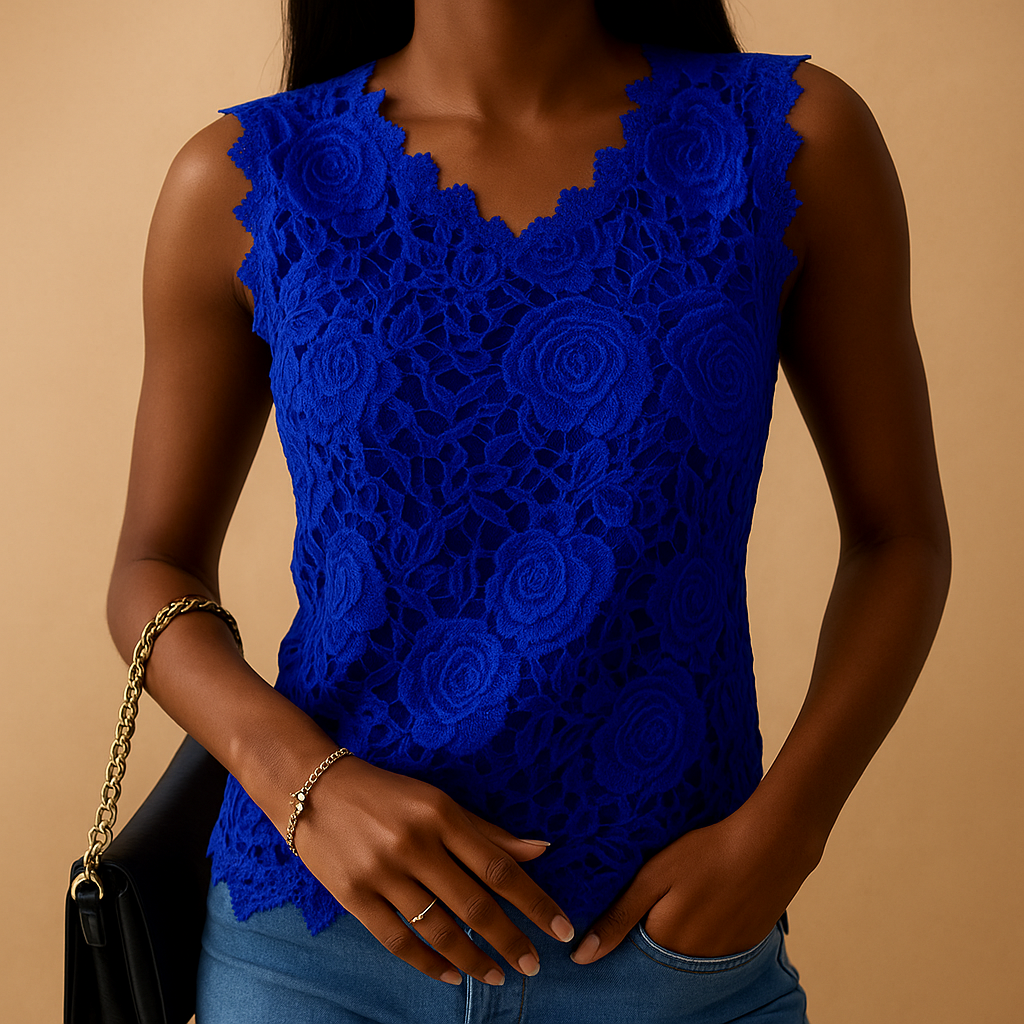 Women’s lace blouse with round neckline and elegant lace details, available in white, black, pink, red, and blue, perfect for work or casual wear.