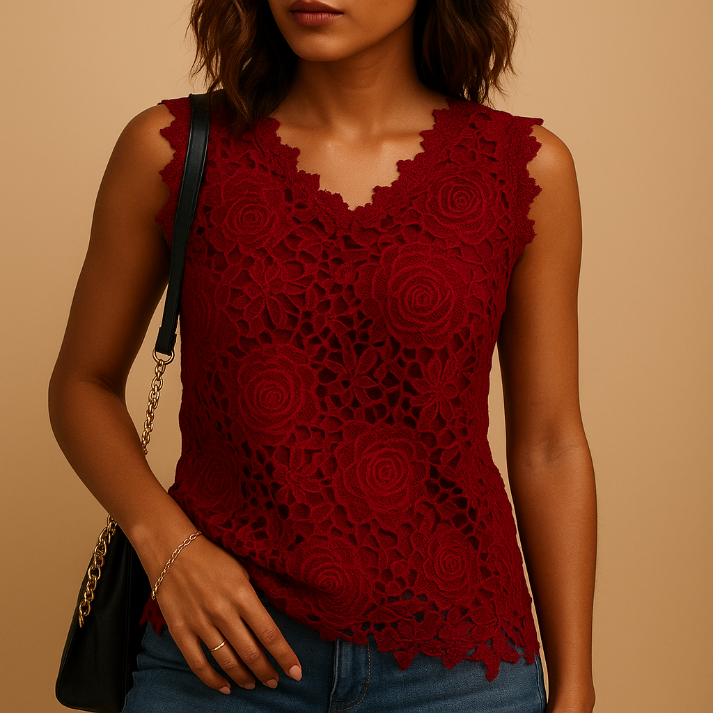 Women’s lace blouse with round neckline and elegant lace details, available in white, black, pink, red, and blue, perfect for work or casual wear.