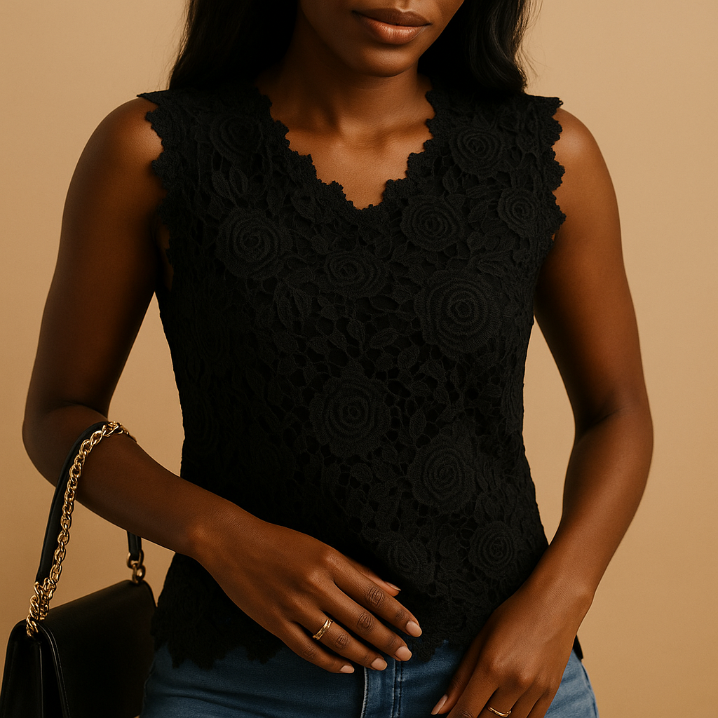 Women’s lace blouse with round neckline and elegant lace details, available in white, black, pink, red, and blue, perfect for work or casual wear.