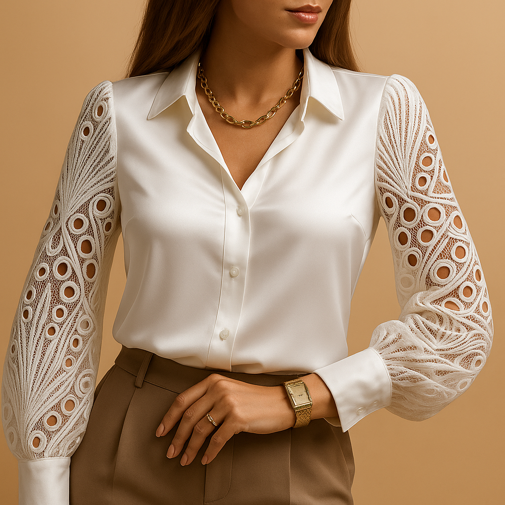 Elegant lace sleeve blouse for women with classic collar and button front, perfect for work, dinners, or formal occasions.