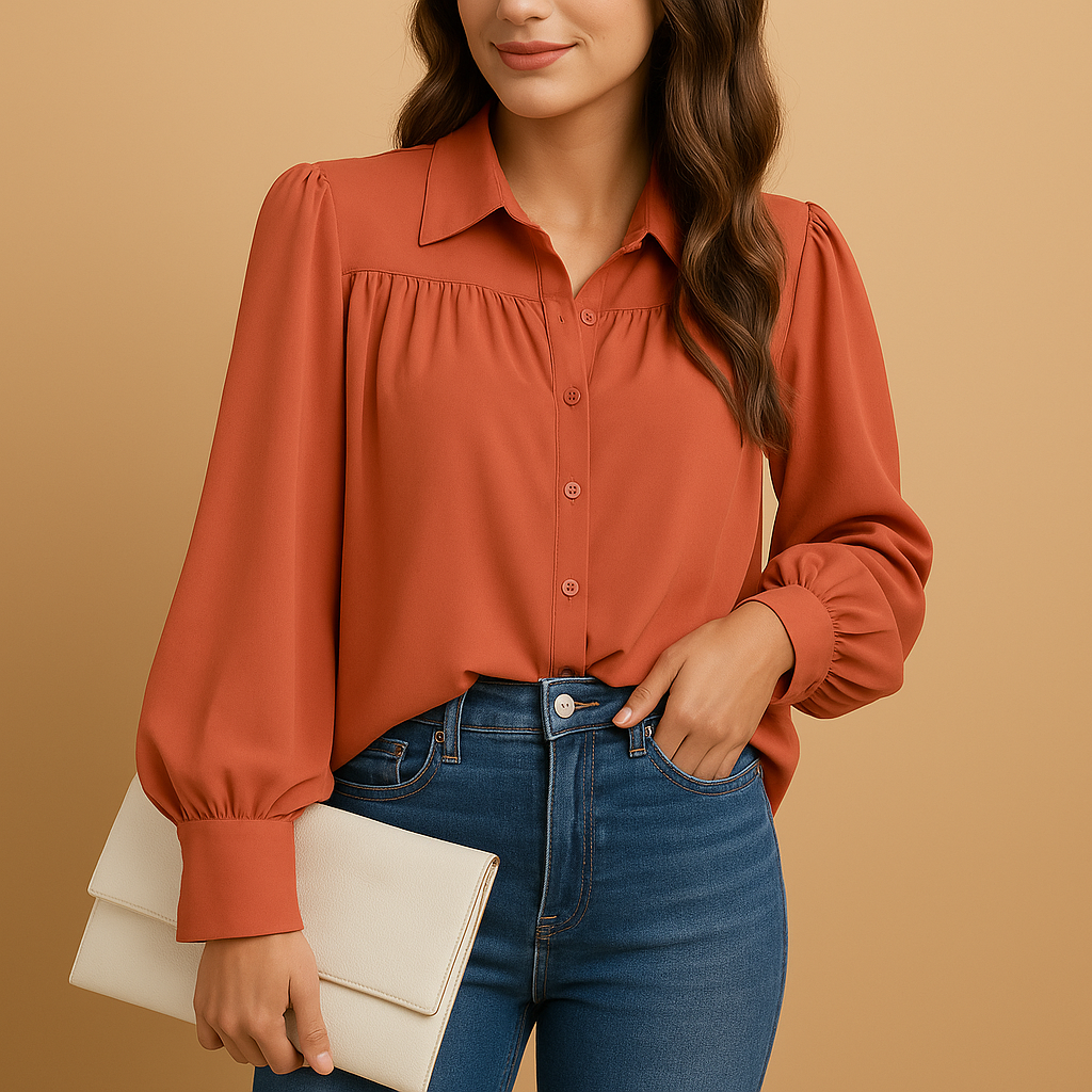 Elegant lantern sleeve blouse for women with pleated details and buttoned collar, perfect for work, daily wear, or stylish casual occasions.