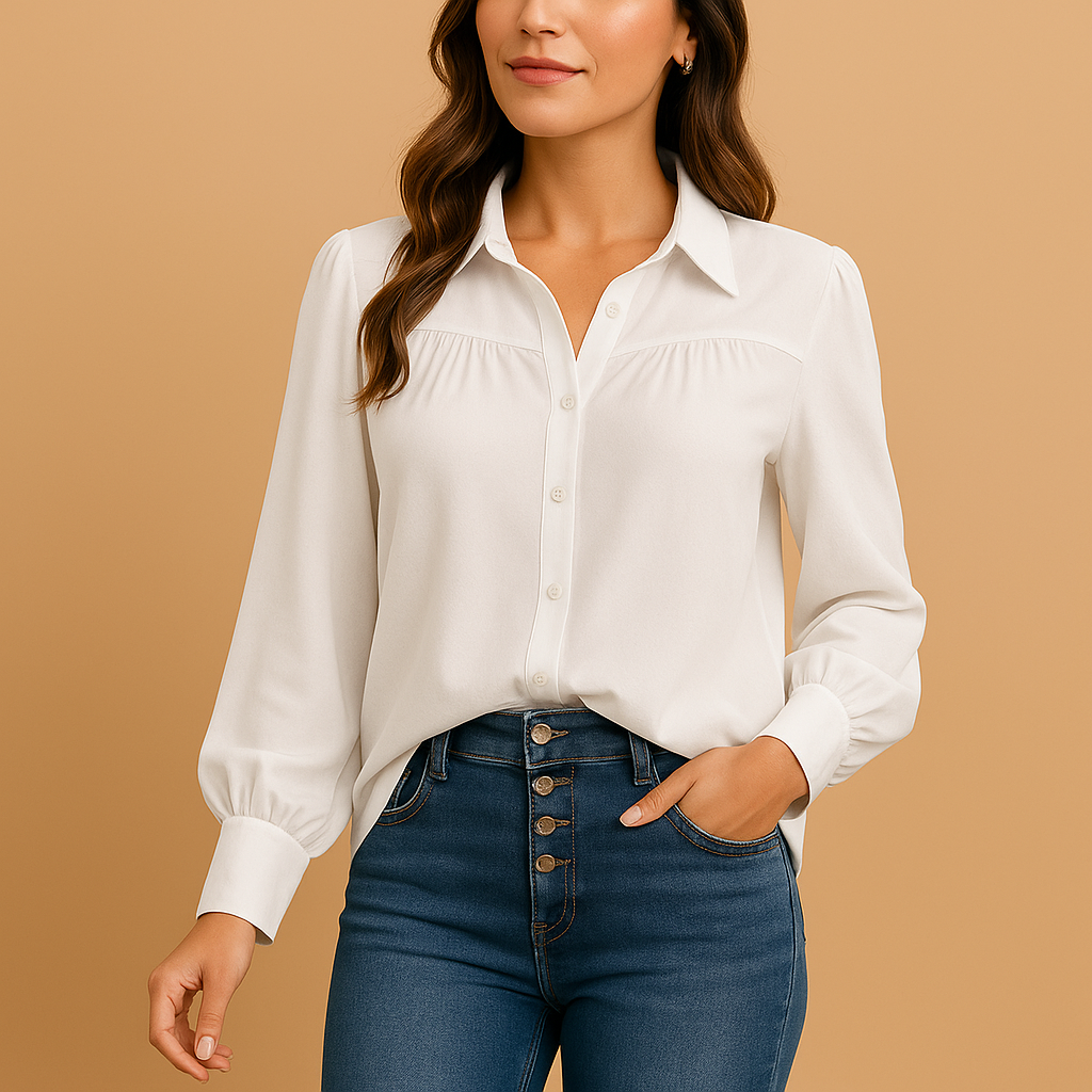 Elegant lantern sleeve blouse for women with pleated details and buttoned collar, perfect for work, daily wear, or stylish casual occasions.