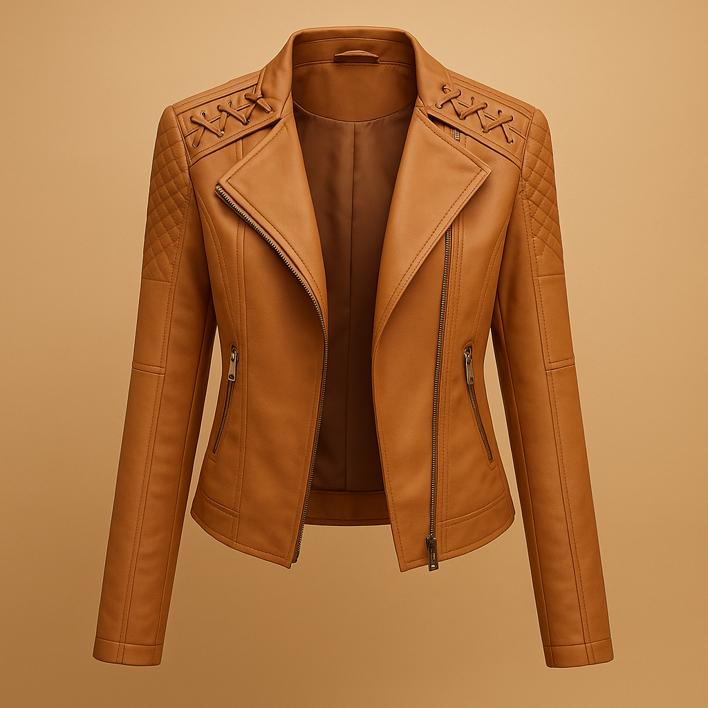 Women’s leather jacket with stand-up collar, silver zipper details, and multiple pockets. A stylish and versatile jacket for casual or elegant spring and fall looks.