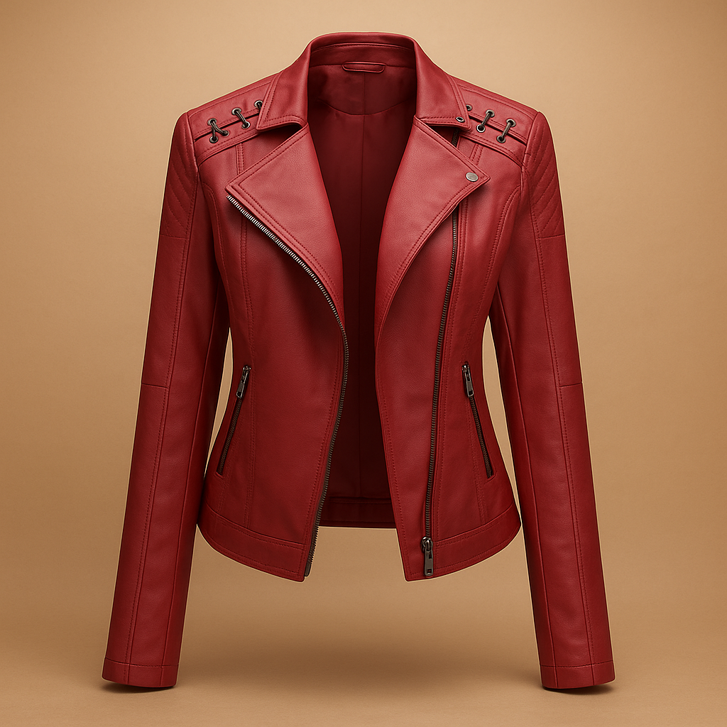 Women’s leather jacket with stand-up collar, silver zipper details, and multiple pockets. A stylish and versatile jacket for casual or elegant spring and fall looks.