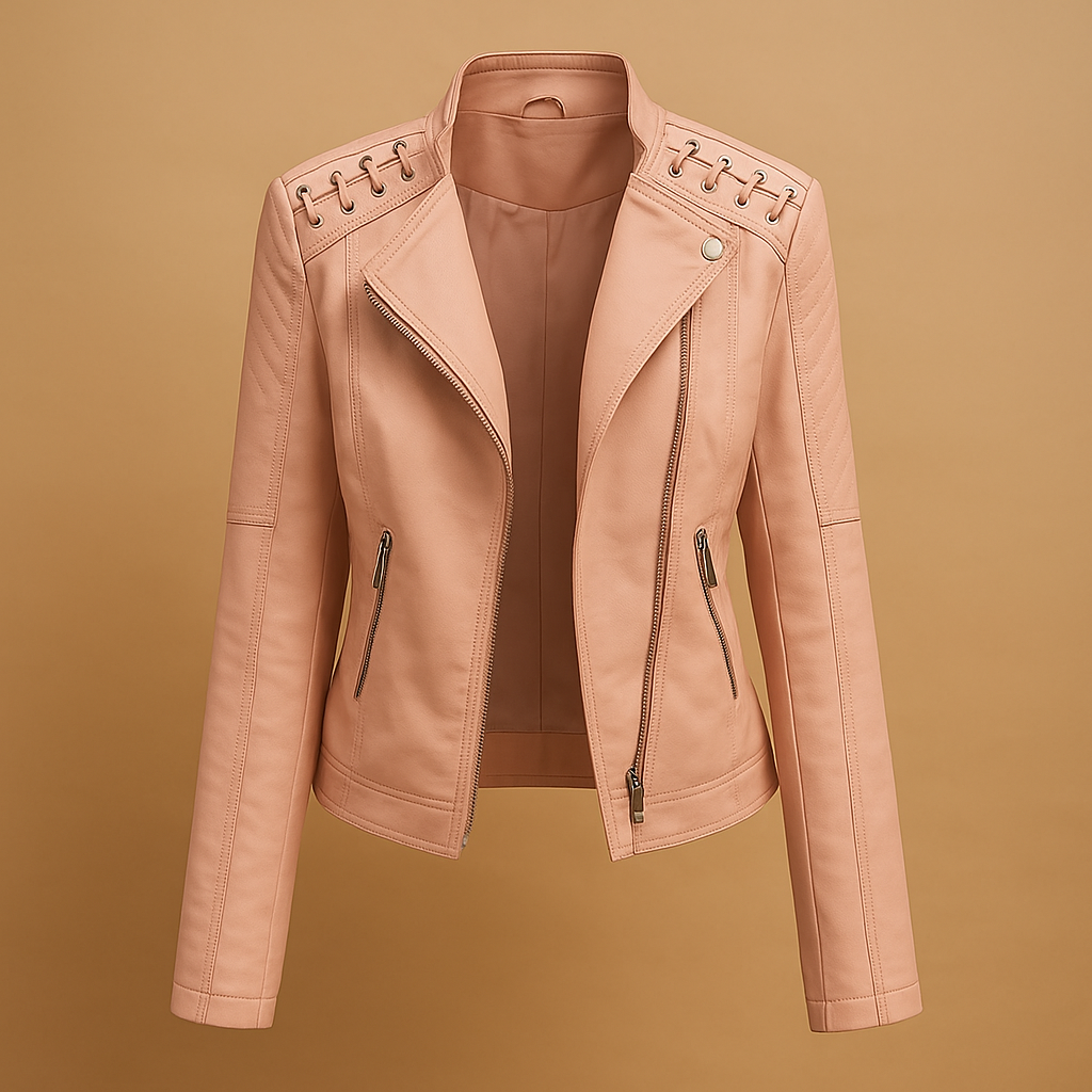 Women’s leather jacket with stand-up collar, silver zipper details, and multiple pockets. A stylish and versatile jacket for casual or elegant spring and fall looks.