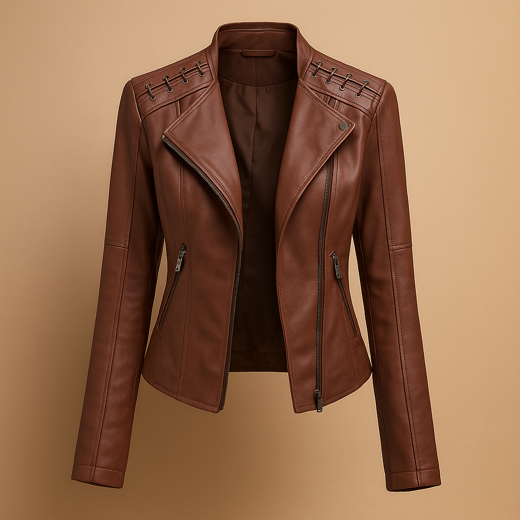 Women’s leather jacket with stand-up collar, silver zipper details, and multiple pockets. A stylish and versatile jacket for casual or elegant spring and fall looks.