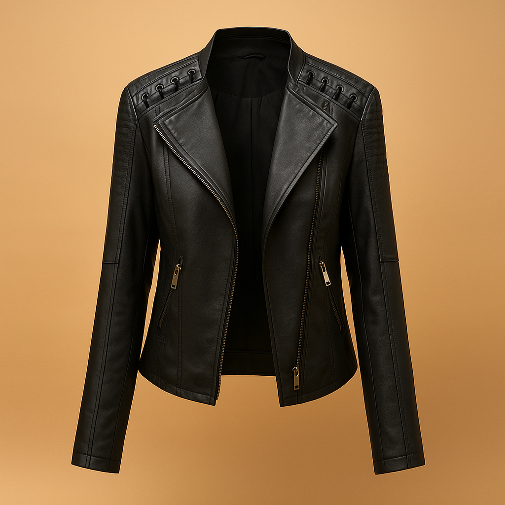Women’s leather jacket with stand-up collar, silver zipper details, and multiple pockets. A stylish and versatile jacket for casual or elegant spring and fall looks.