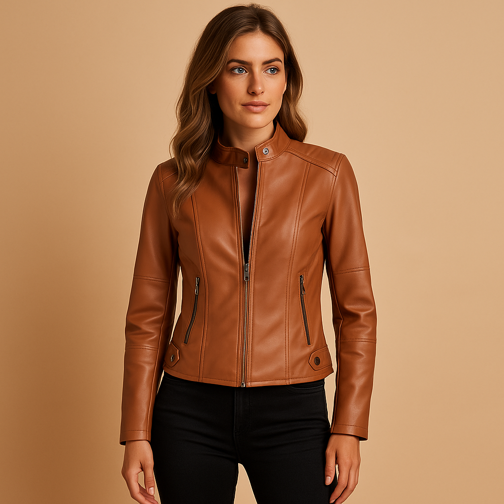 Amelia leather jacket for women with symmetric zipper, collar, and press-stud details. Available in Black, Camel, Beige, and Wine Red.