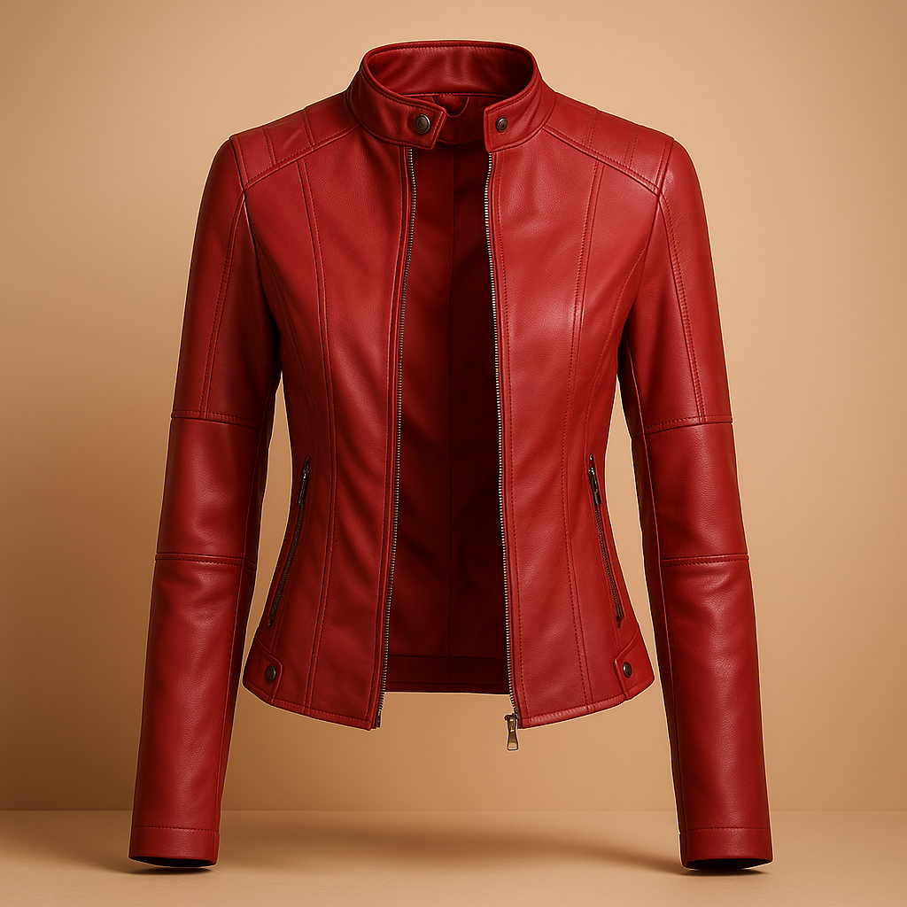 Amelia leather jacket for women with symmetric zipper, collar, and press-stud details. Available in Black, Camel, Beige, and Wine Red.
