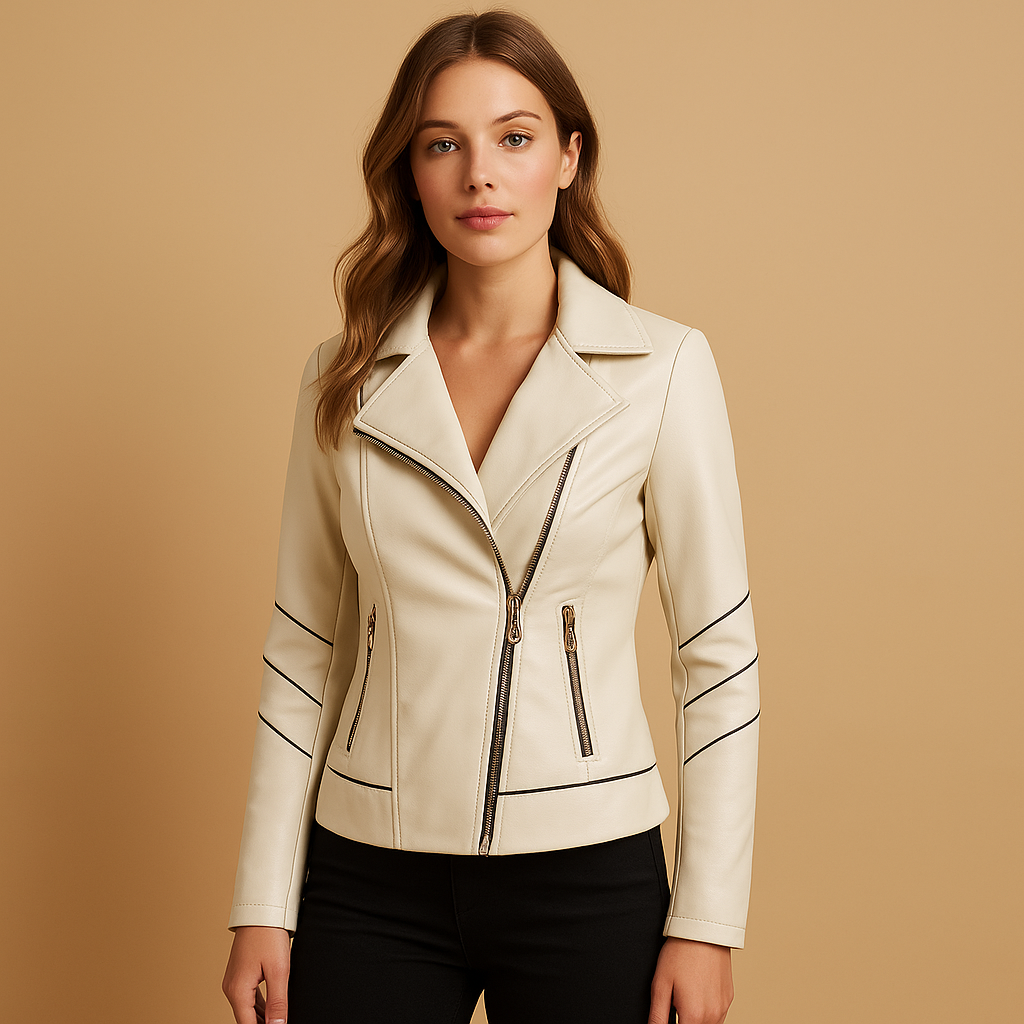 Leather jacket for women with asymmetrical zipper, lapel collar, metal details, and regular fit, perfect for autumn and spring outfits.