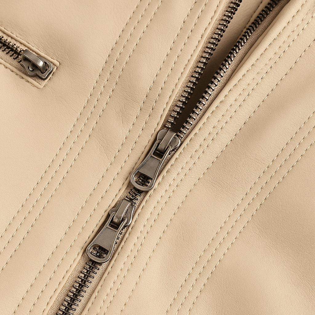 Leather jacket with hood for women featuring tailored fit, double zipper, and silver details, available in black, coffee, camel, apricot, beige, and white.
