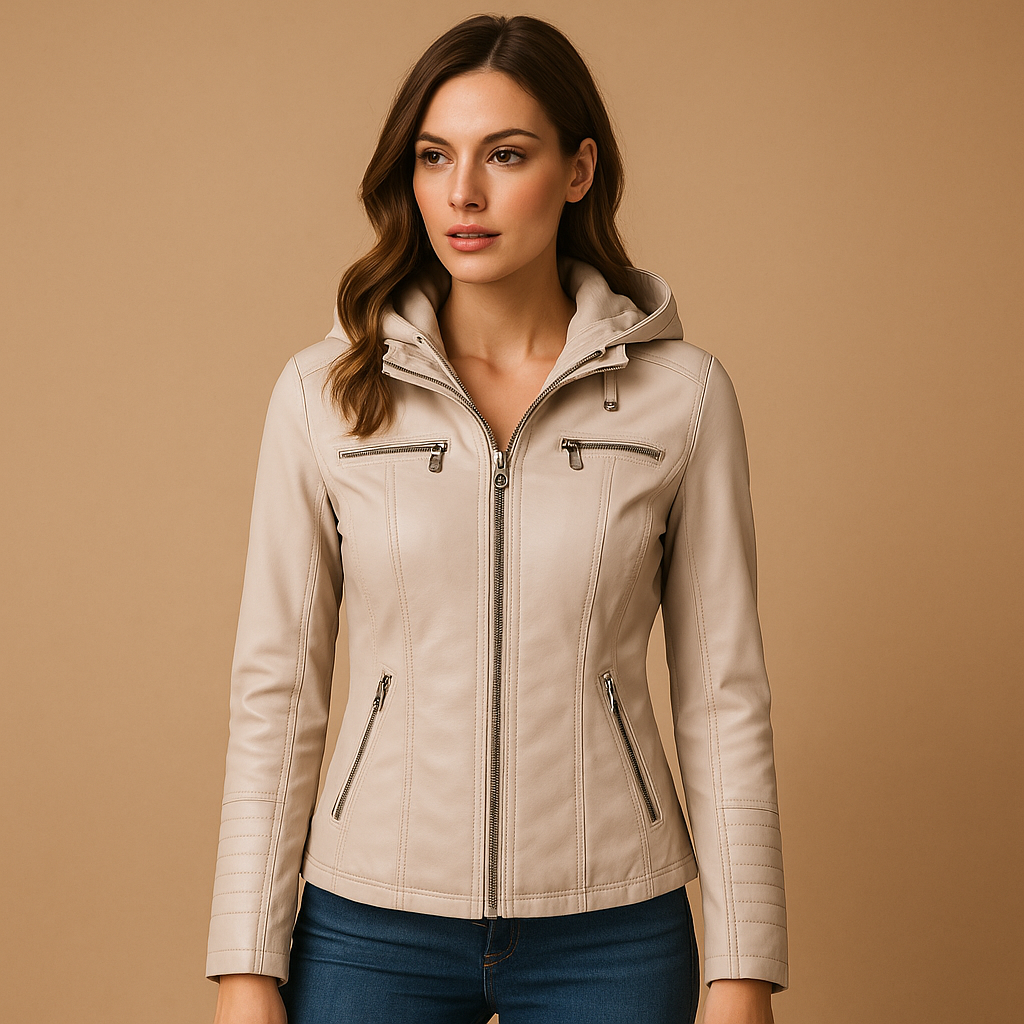 Leather jacket with hood for women featuring tailored fit, double zipper, and silver details, available in black, coffee, camel, apricot, beige, and white.