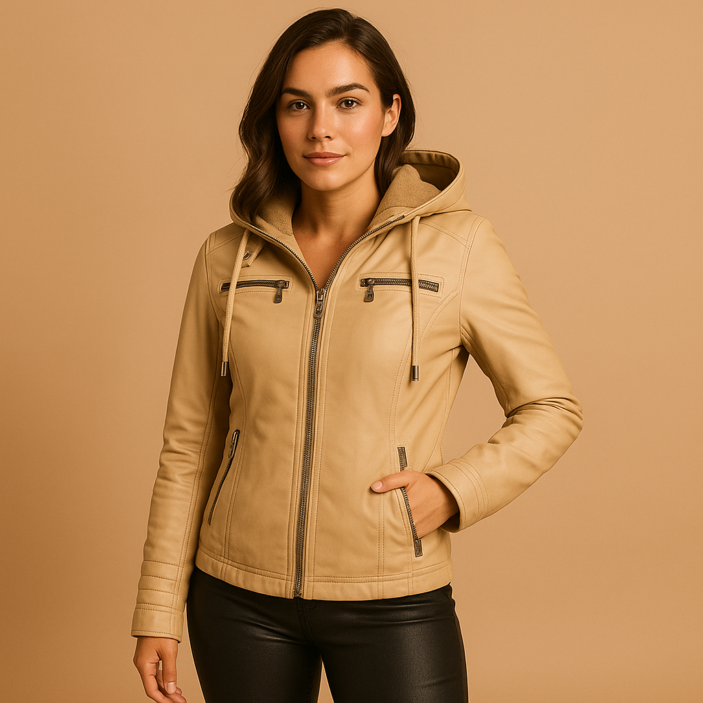 Leather jacket with hood for women featuring tailored fit, double zipper, and silver details, available in black, coffee, camel, apricot, beige, and white.