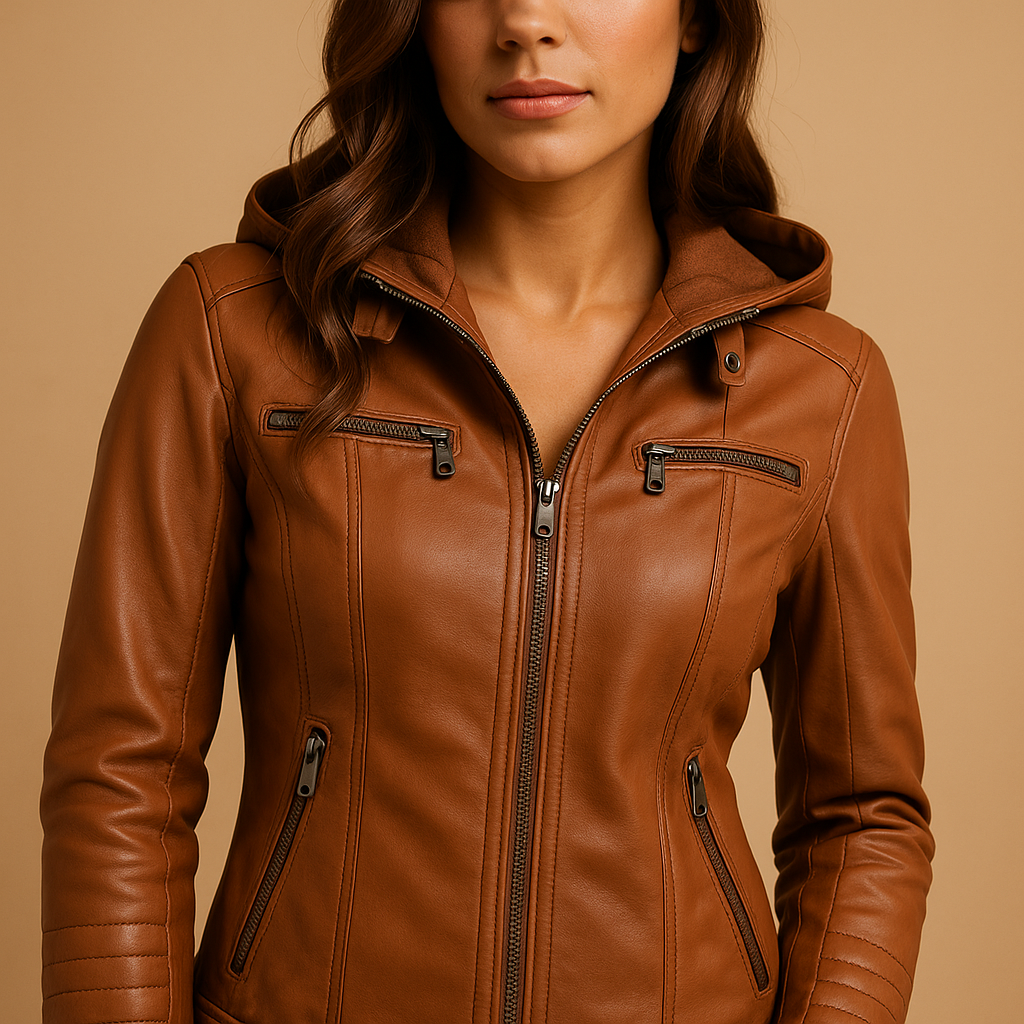 Leather jacket with hood for women featuring tailored fit, double zipper, and silver details, available in black, coffee, camel, apricot, beige, and white.