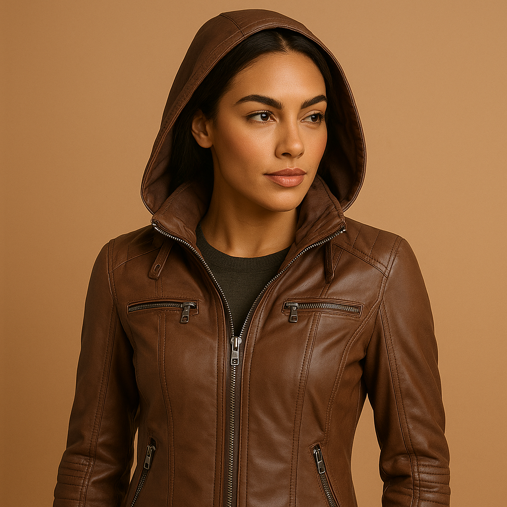 Leather jacket with hood for women featuring tailored fit, double zipper, and silver details, available in black, coffee, camel, apricot, beige, and white.