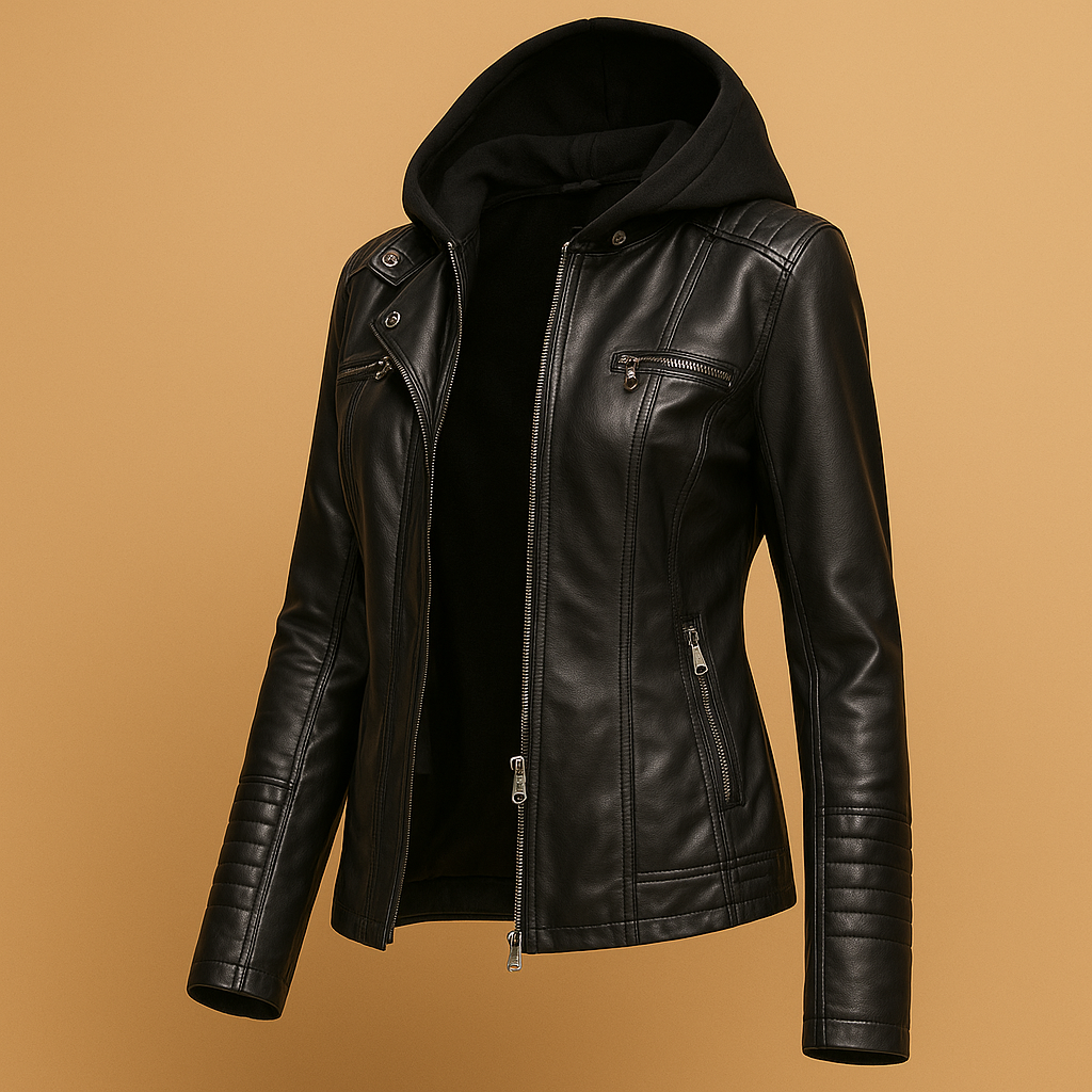 Leather jacket with hood for women featuring tailored fit, double zipper, and silver details, available in black, coffee, camel, apricot, beige, and white.