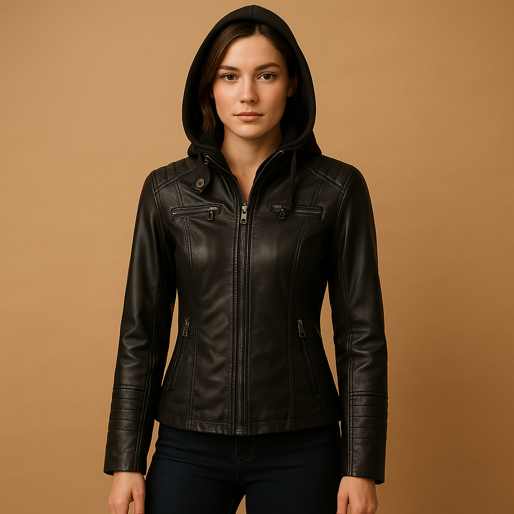 Leather jacket with hood for women featuring tailored fit, double zipper, and silver details, available in black, coffee, camel, apricot, beige, and white.