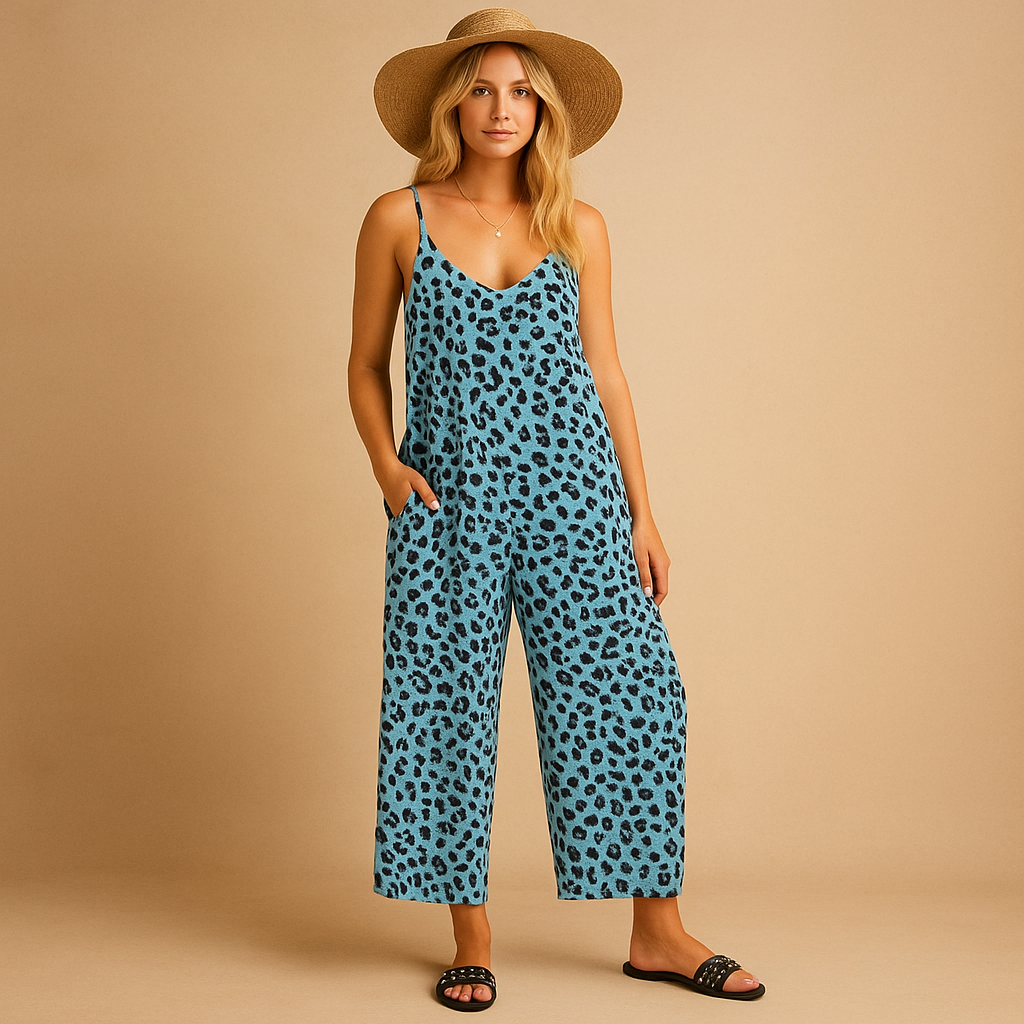 Women’s leopard print halter jumpsuit with airy fit and lightweight fabric, available in blue, khaki, and coffee.