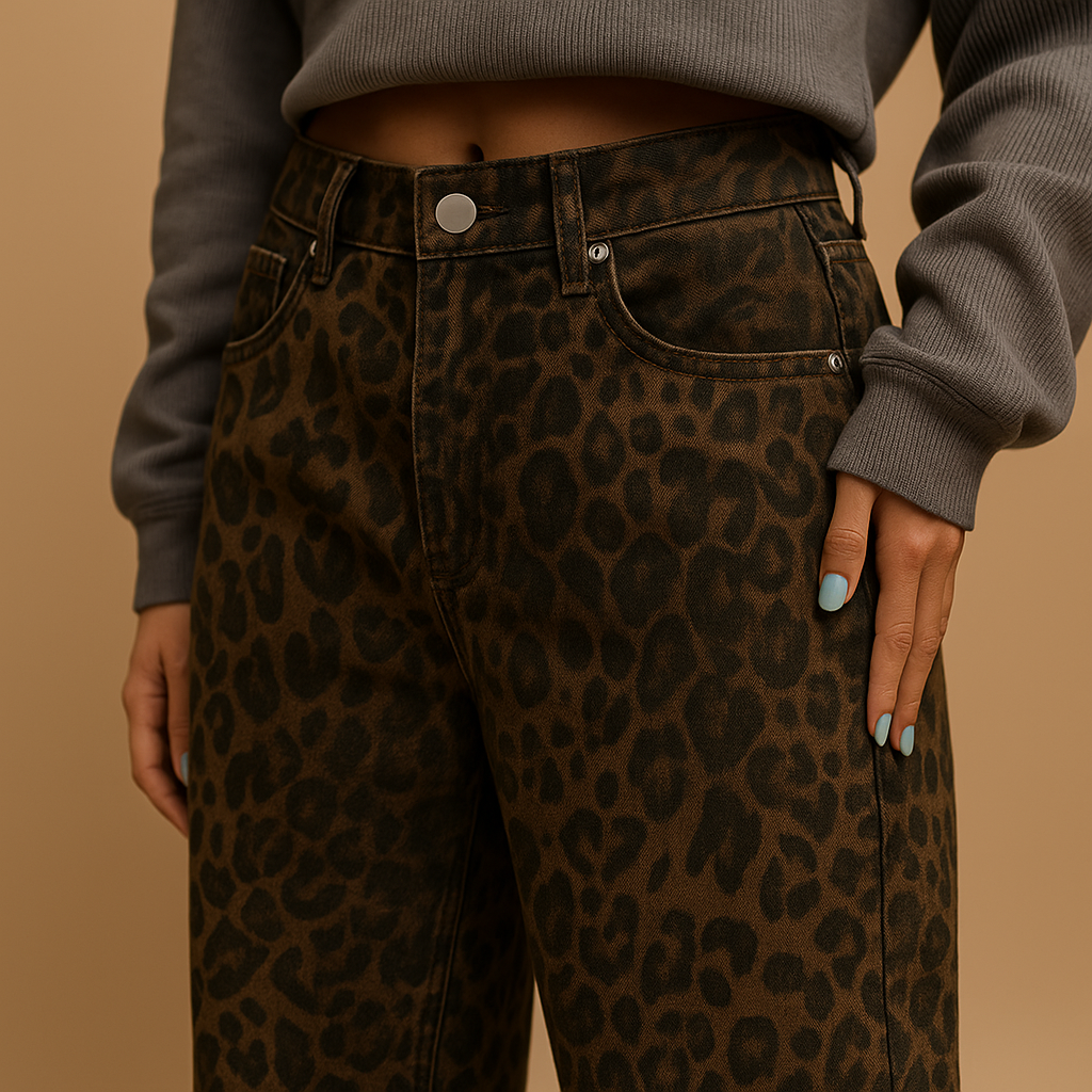 Women’s slim fit leopard print jeans with soft stretch fabric, perfect for casual wear or bold evening outfits.