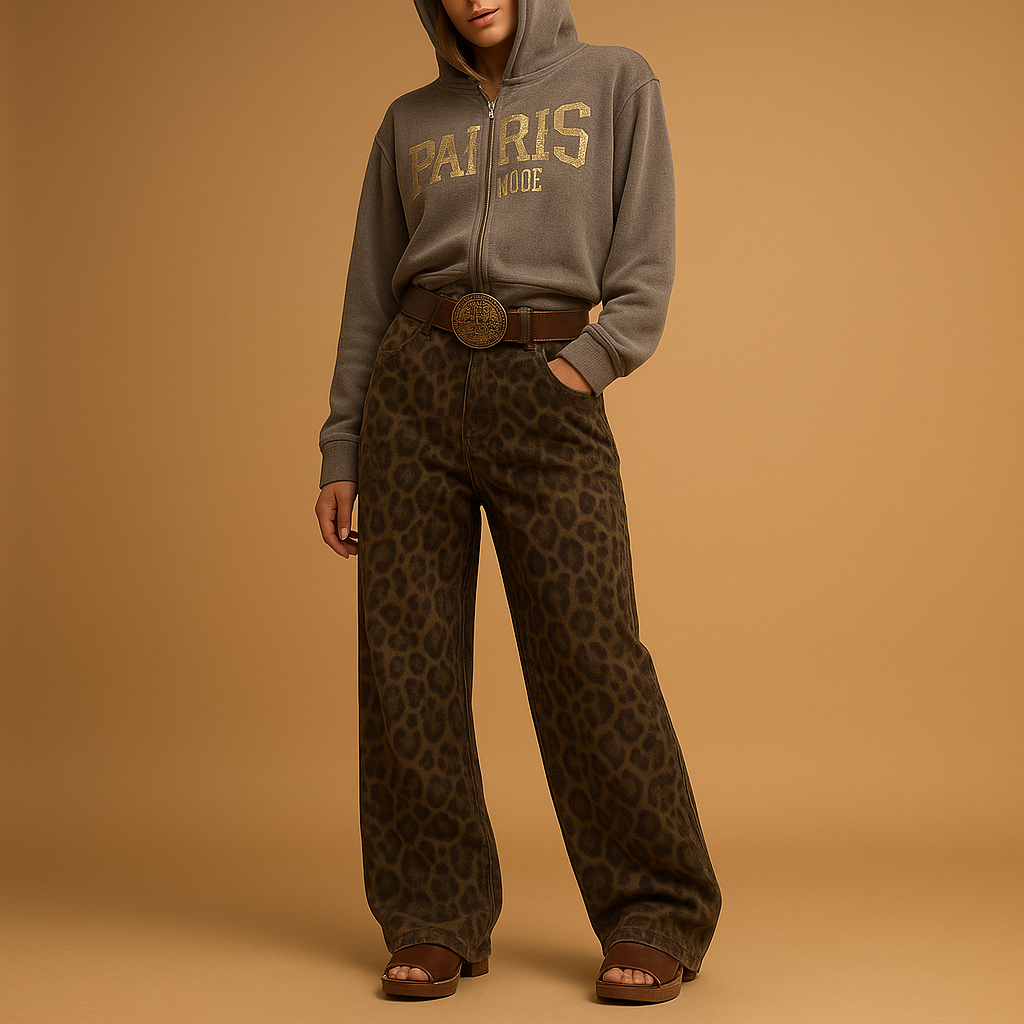 Women’s slim fit leopard print jeans with soft stretch fabric, perfect for casual wear or bold evening outfits.
