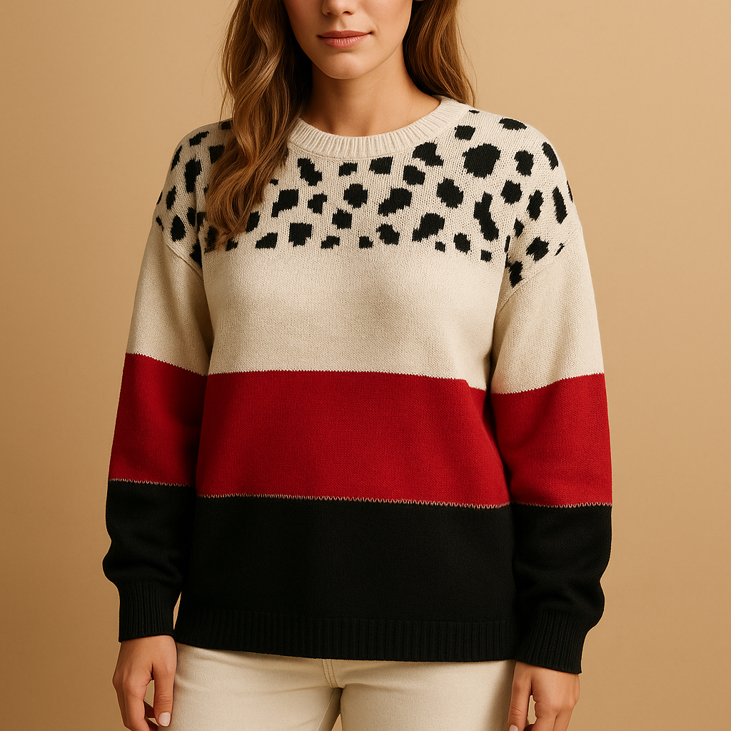 Women’s leopard print sweater in beige with black, relaxed fit and breathable cotton fabric, ideal for casual and stylish everyday outfits.