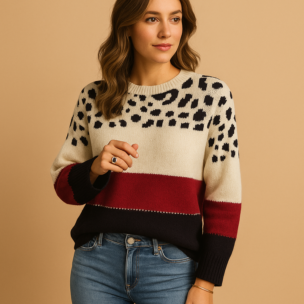 Women’s leopard print sweater in beige with black, relaxed fit and breathable cotton fabric, ideal for casual and stylish everyday outfits.