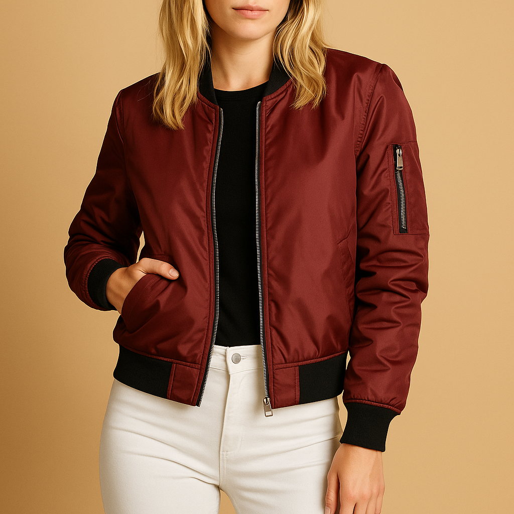 Women’s lightweight bomber jacket with zipper and side pockets, ideal for casual outfits, summer days, and trendy evening looks.