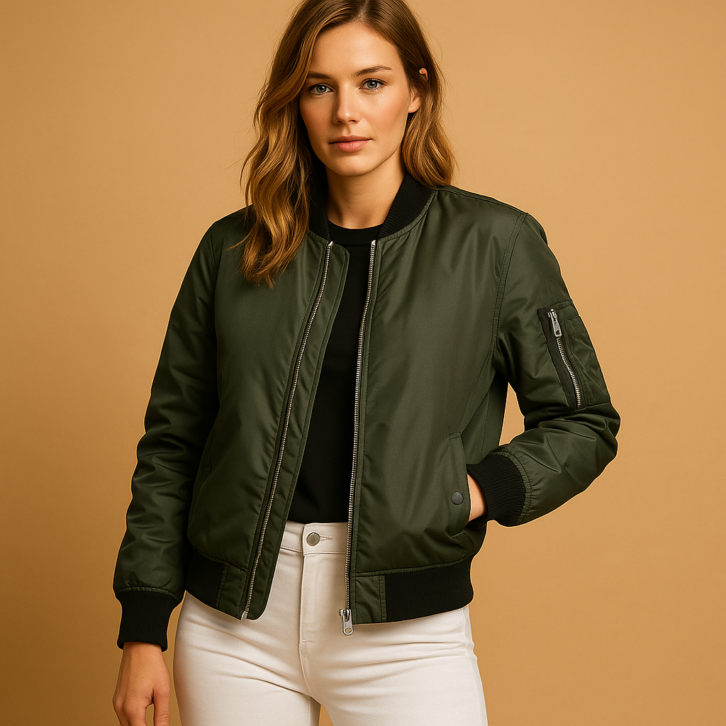 Women’s lightweight bomber jacket with zipper and side pockets, ideal for casual outfits, summer days, and trendy evening looks.