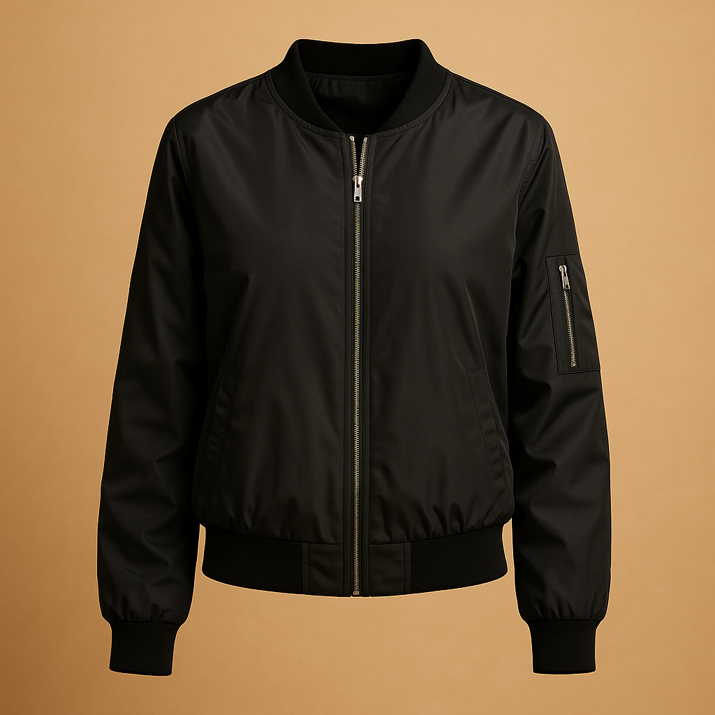Women’s lightweight bomber jacket with zipper and side pockets, ideal for casual outfits, summer days, and trendy evening looks.