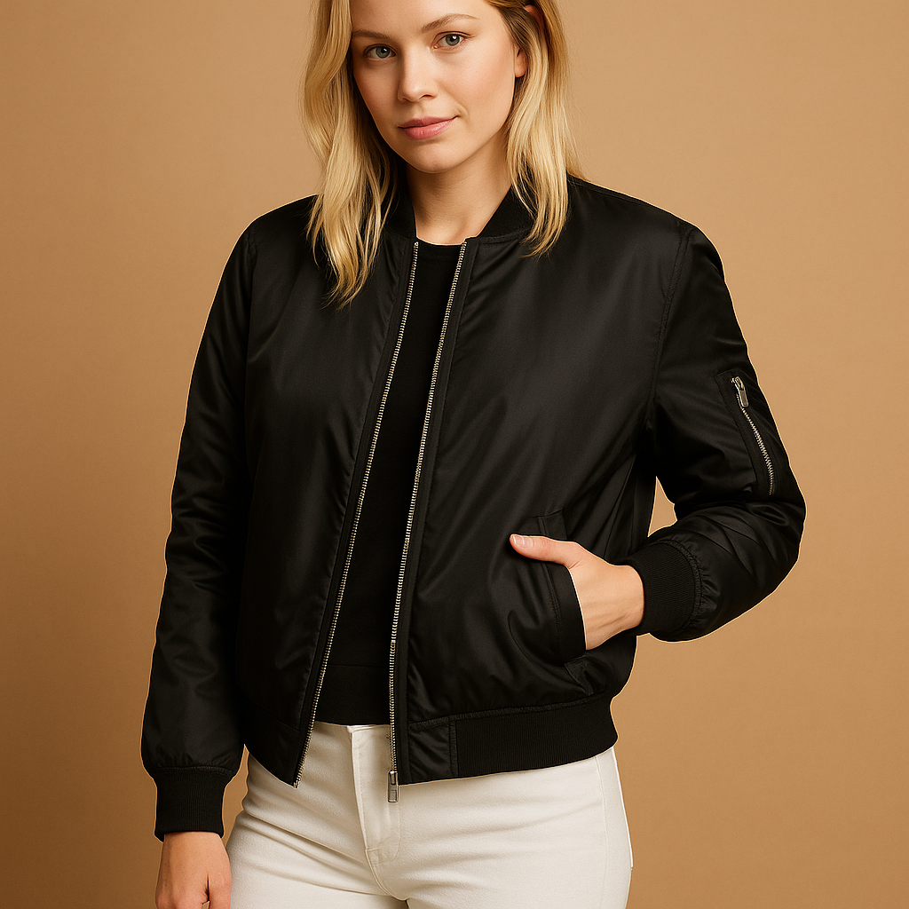 Women’s lightweight bomber jacket with zipper and side pockets, ideal for casual outfits, summer days, and trendy evening looks.
